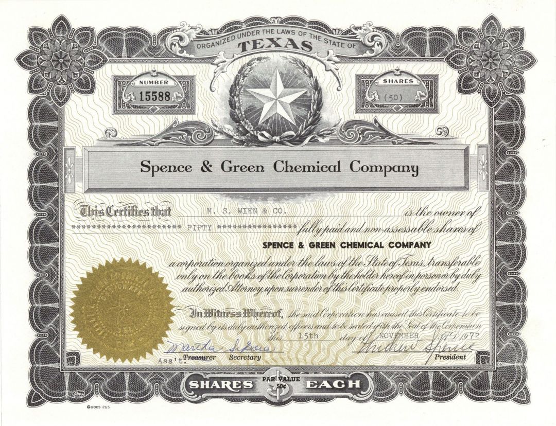 Spence and Green Chemical Co. - Stock Certificate