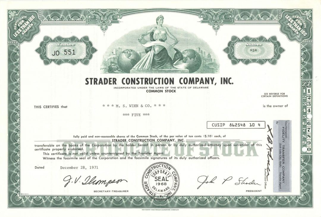 Strader Construction Company, Inc. - Stock Certificate