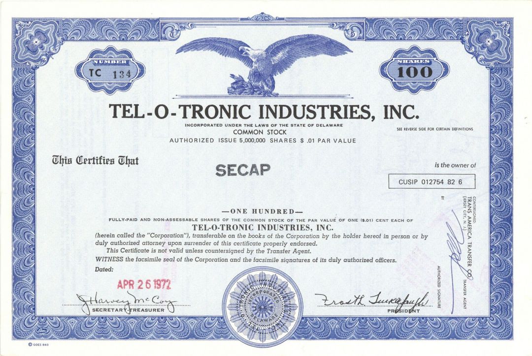 Tel-O-Tronic Industries, Inc. - Stock Certificate