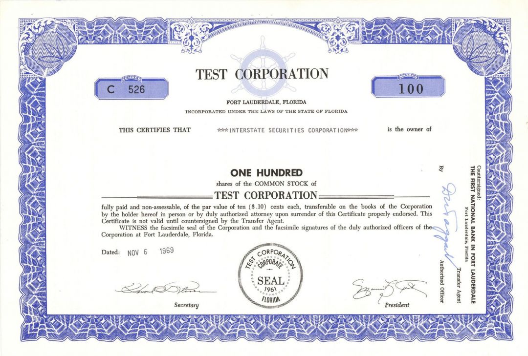Test Corp. - Stock Certificate