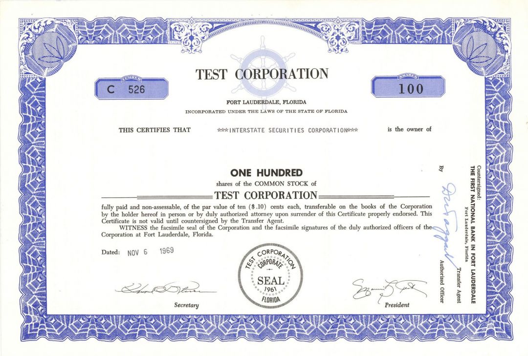 Test Corp. - Stock Certificate