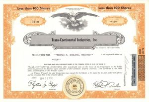 Trans-Continental Industries, Inc. - Stock Certificate