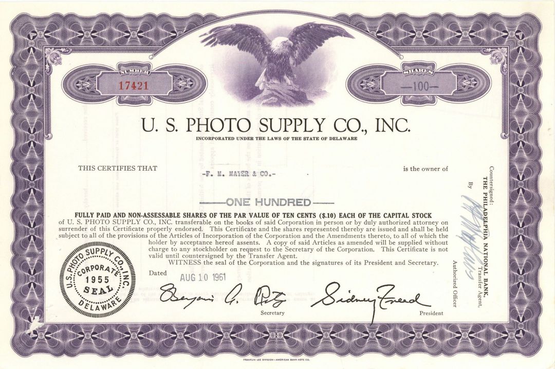 U. S. Photo Supply Co., Inc. - Stock Certificate