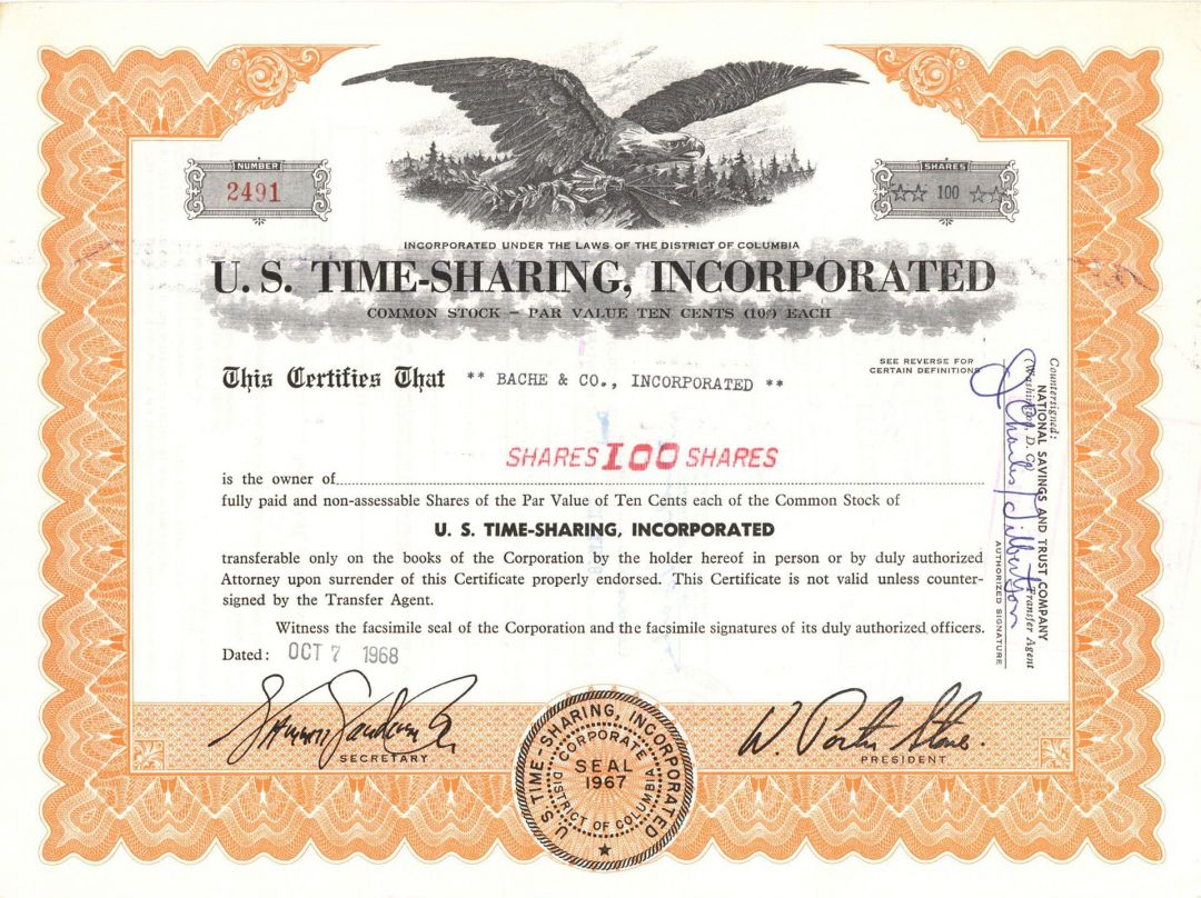 U. S. Time-Sharing, Inc. - dated 1968-1973 Computer-Related Stock Certificate - District of Columbia