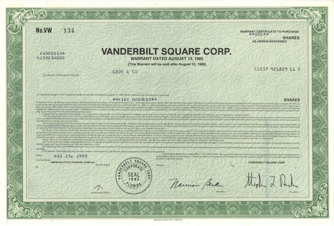 Vanderbilt Square Corp. - Stock Certificate