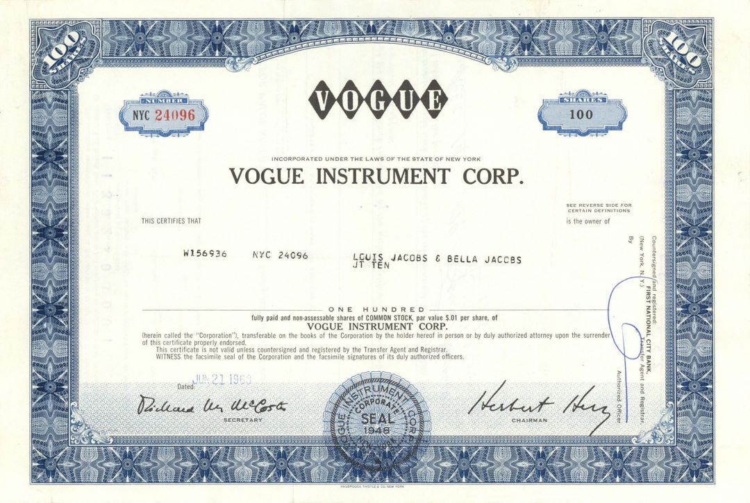 Vogue Instrument Corp. - Stock Certificate