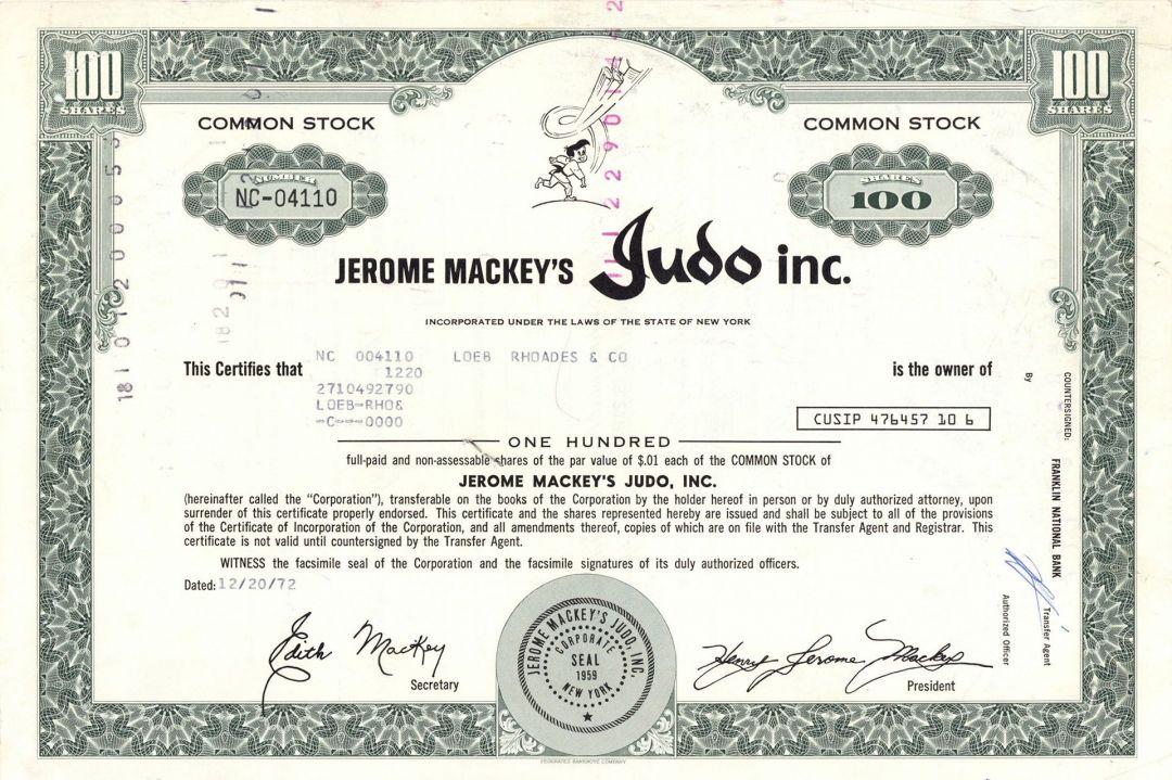 Jerome Mackey's Judo Inc. - Stock Certificate