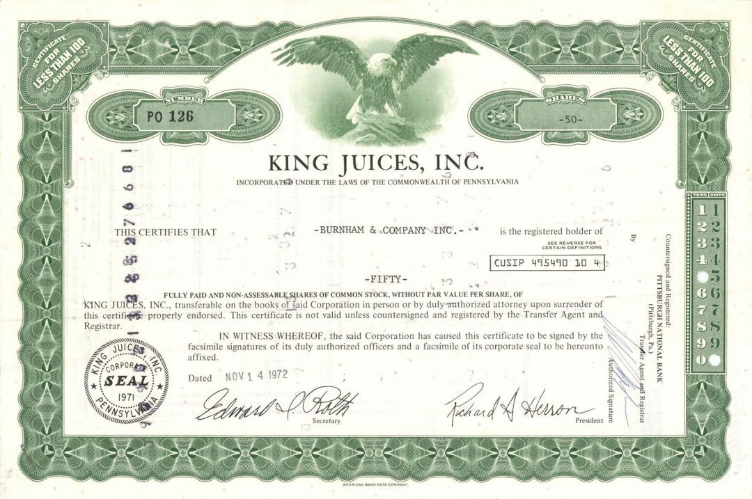 King Juices, Inc. - Stock Certificate
