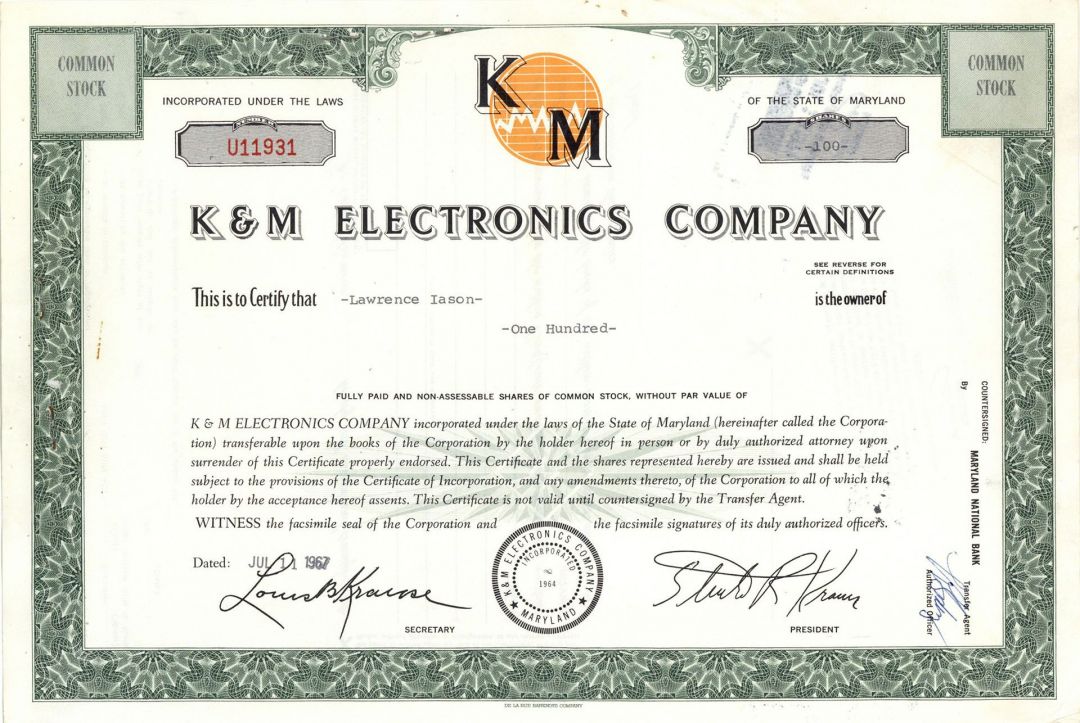 K and M Electronics Co. - Physics and Engineering Stock Certificate