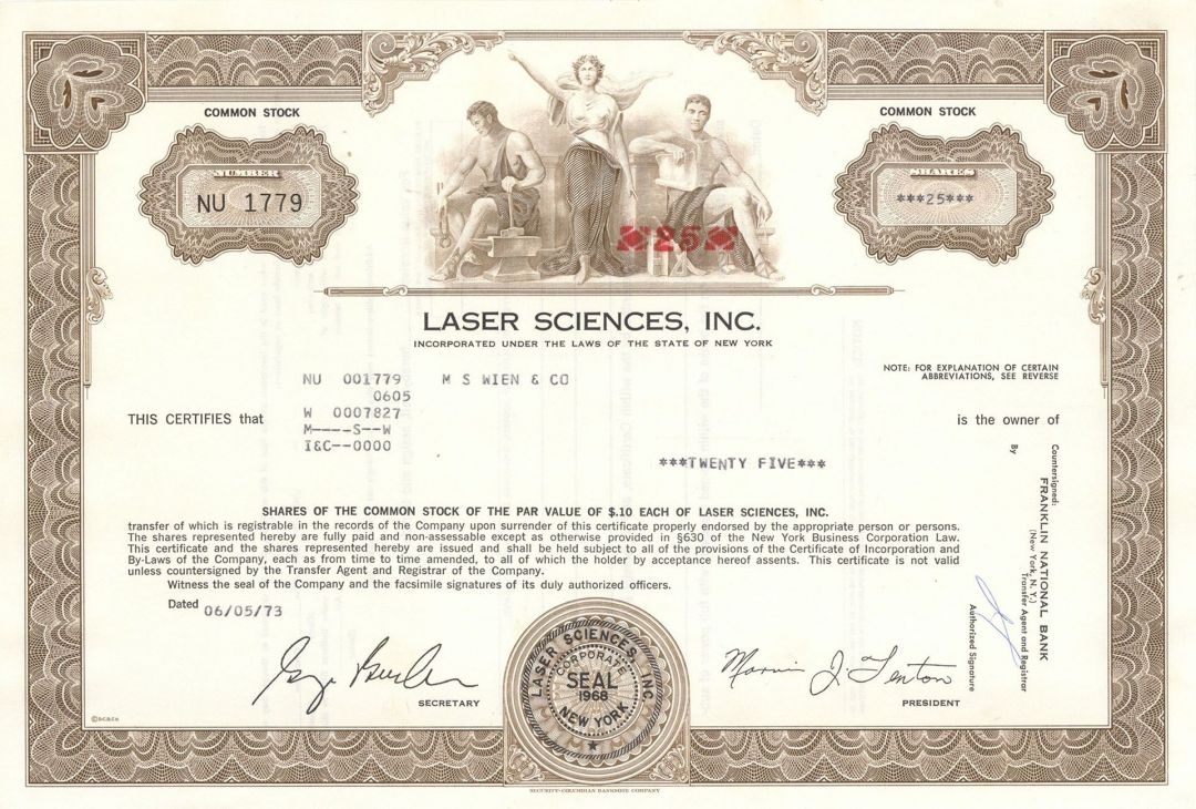 Laser Sciences, Inc. - Stock Certificate