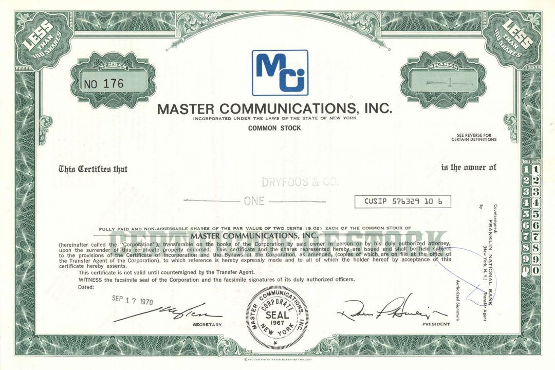 Master Communications, Inc. - Stock Certificate