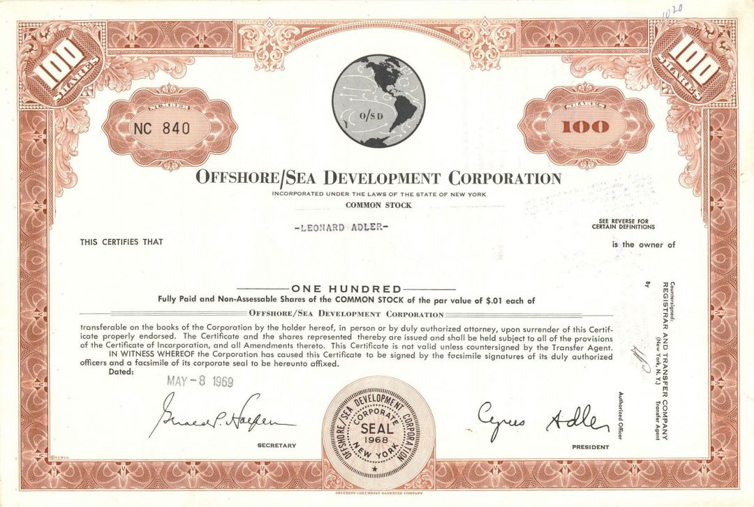 Offshore/Sea Development Corp. - Stock Certificate