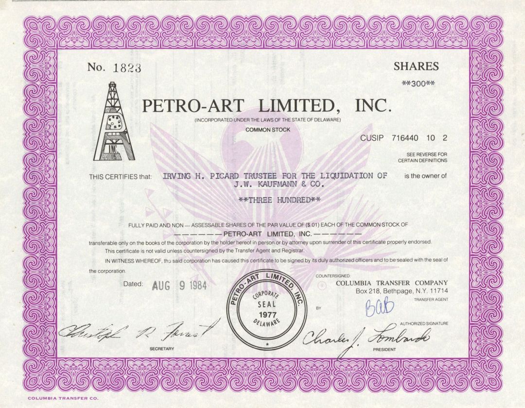 Petro-Art Limited, Inc. - Stock Certificate