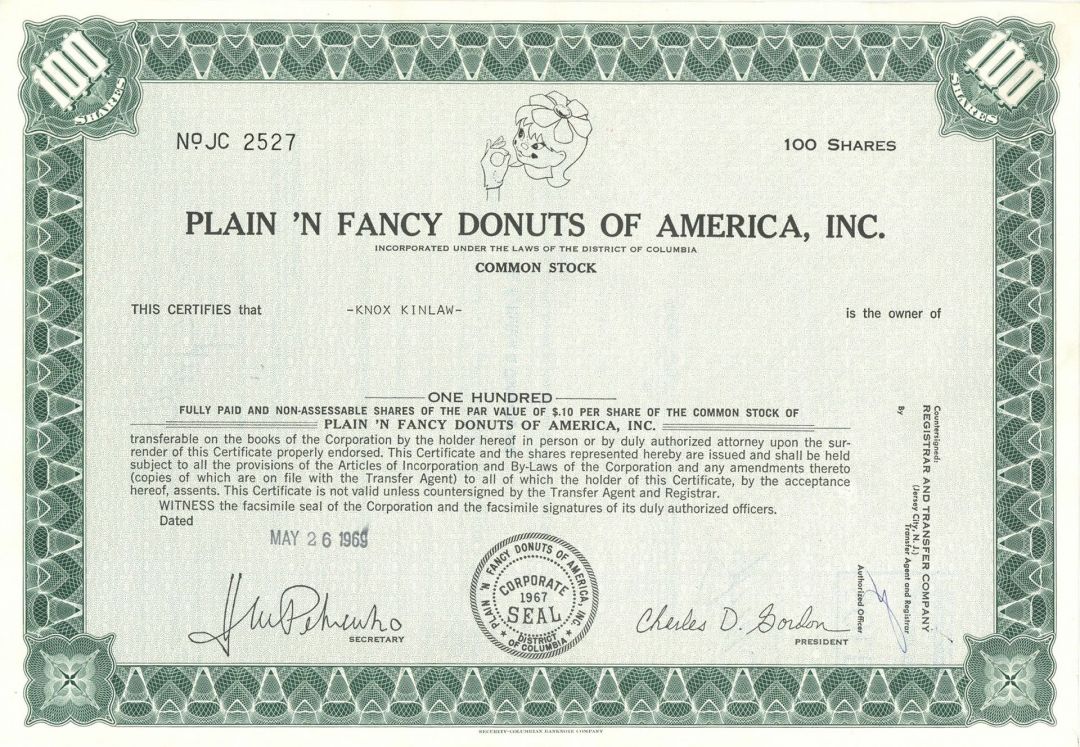 Plain 'N Fancy Donuts of America, Inc. - Donut Maker Stock Certificate