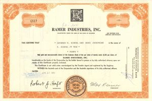 Ramer Industries, Inc. - Stock Certificate