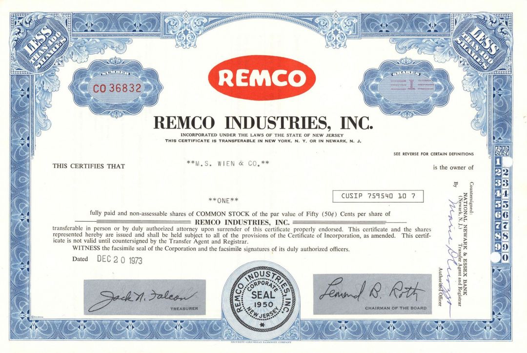 Remco Industries, Inc. - Stock Certificate
