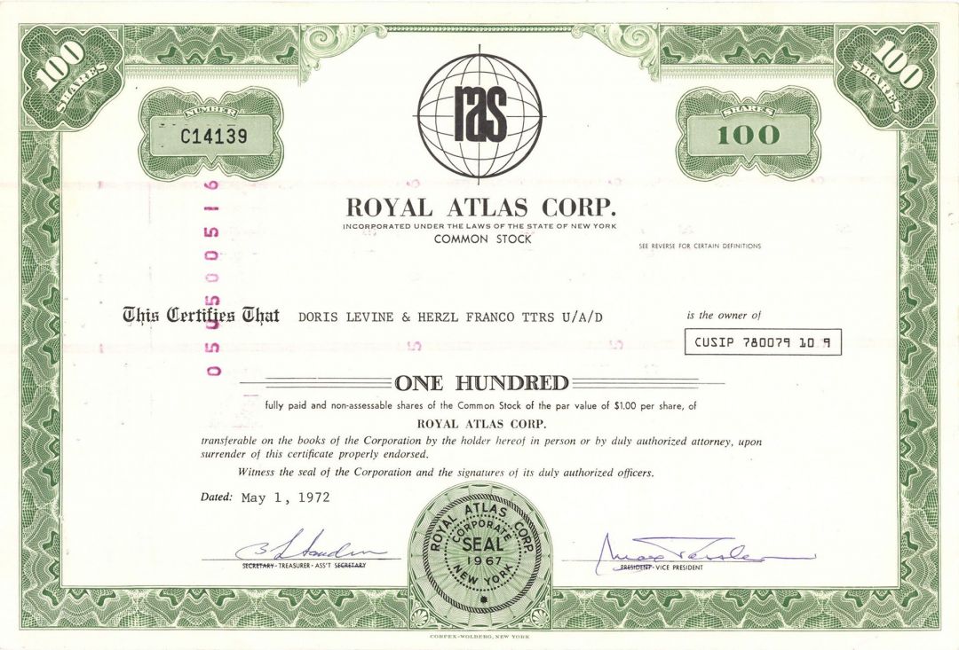 Royal Atlas Corporation - RAS - 1972 dated Stock Certificate