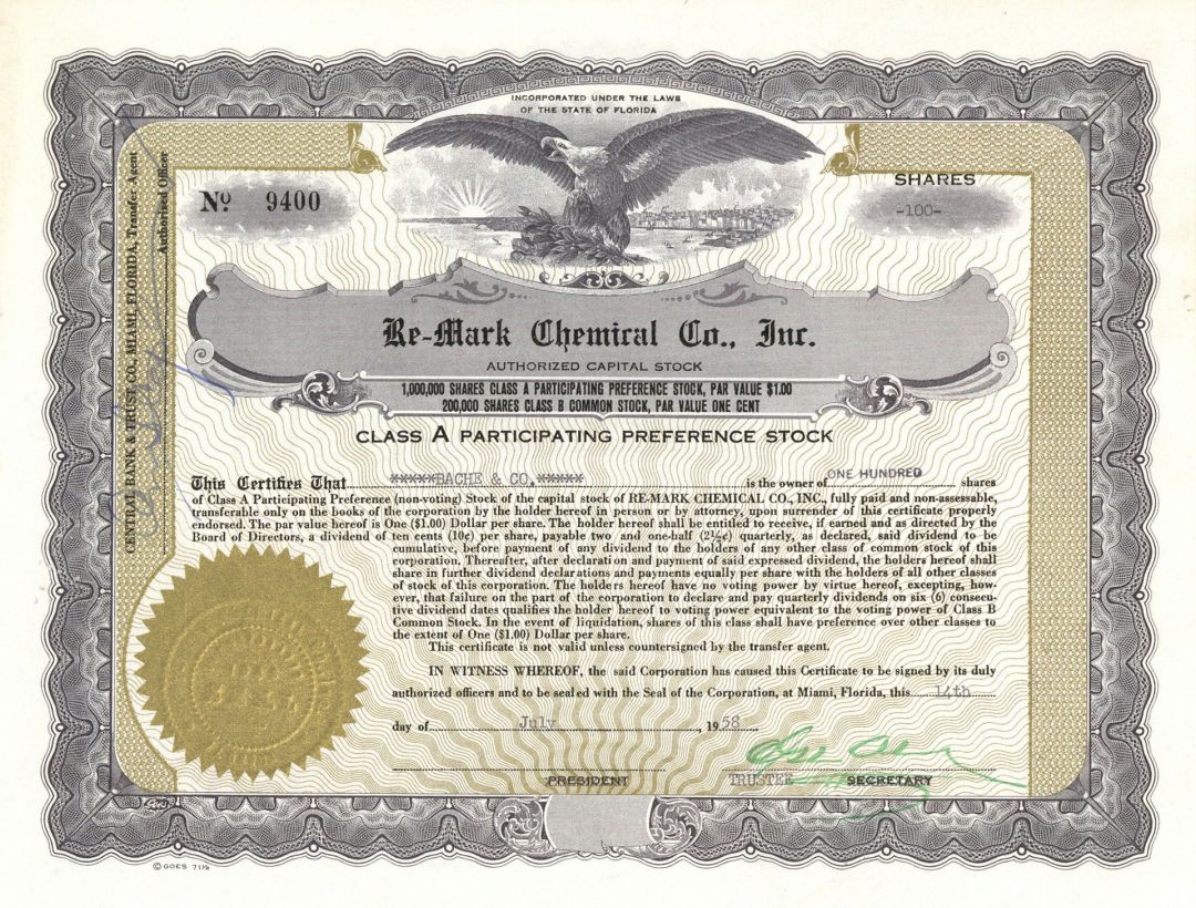 Re-Mark Chemical Co., Inc. - Stock Certificate