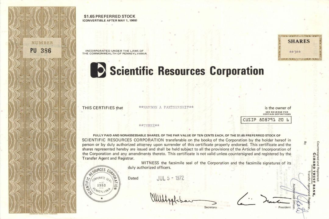 Scientific Resources Corp. - Stock Certificate