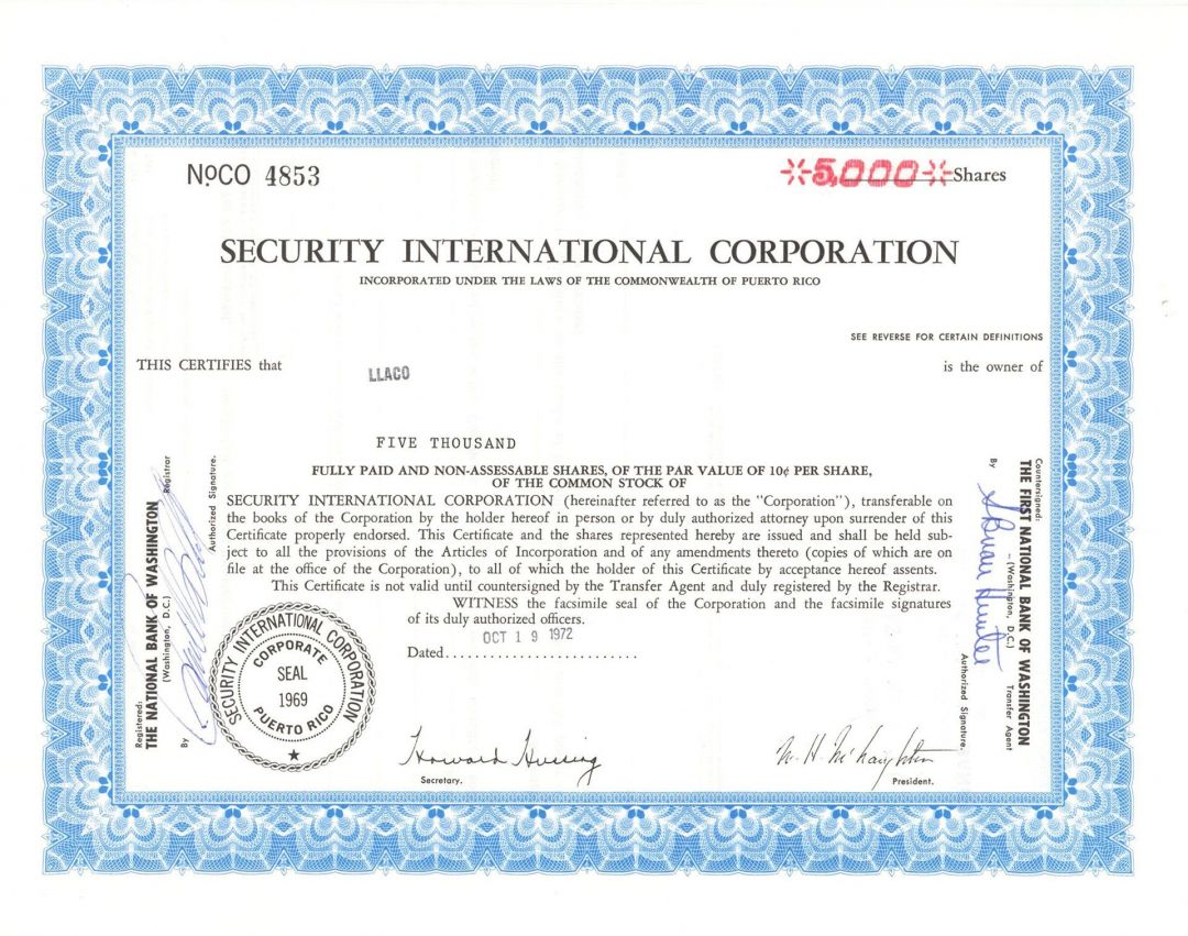 Security International Corp. - Stock Certificate