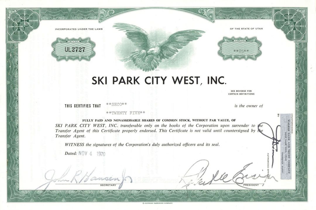 Ski Park City West, Inc. - 1970 dated Skiing Related Stock Certificate