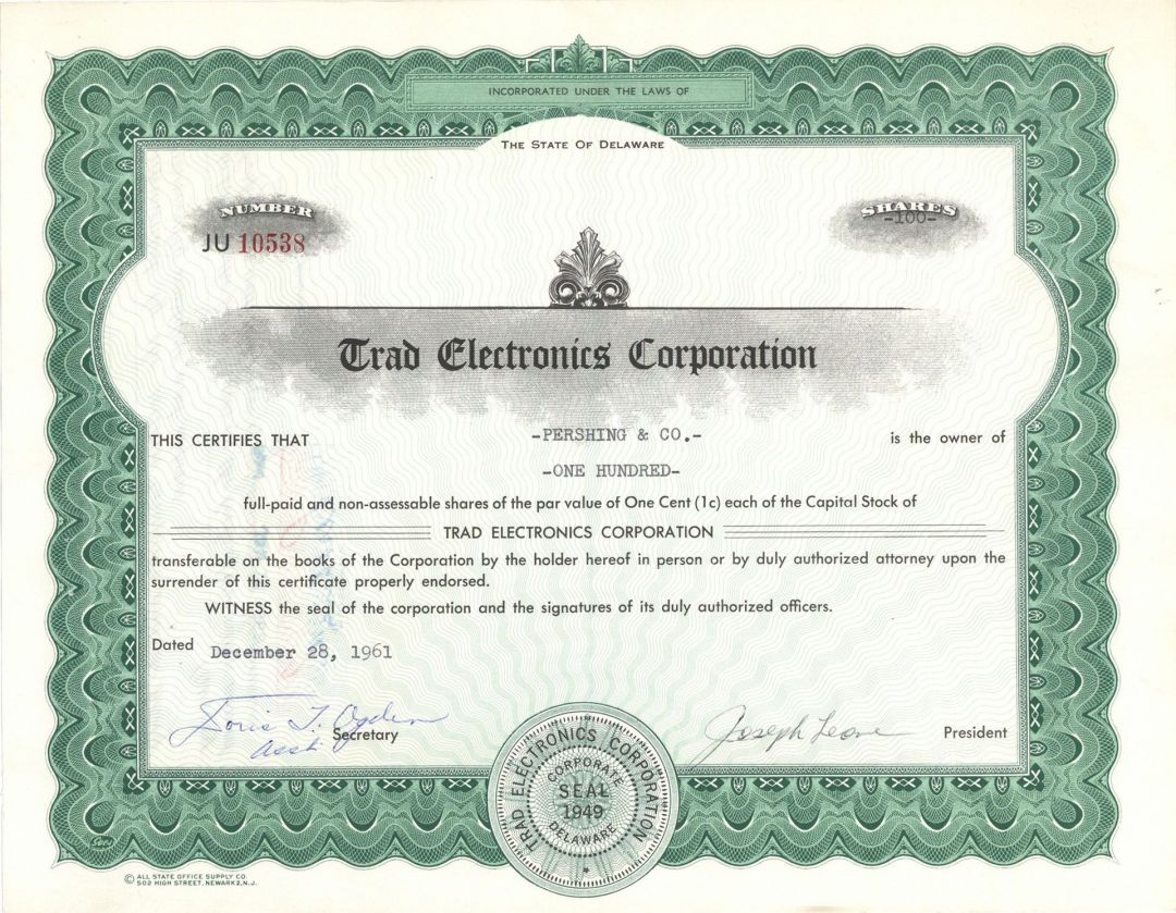 Trad Electronics Corp. - Stock Certificate