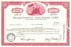 Transcoastal Industries Corp. - 1969-70 dated Stock Certificate