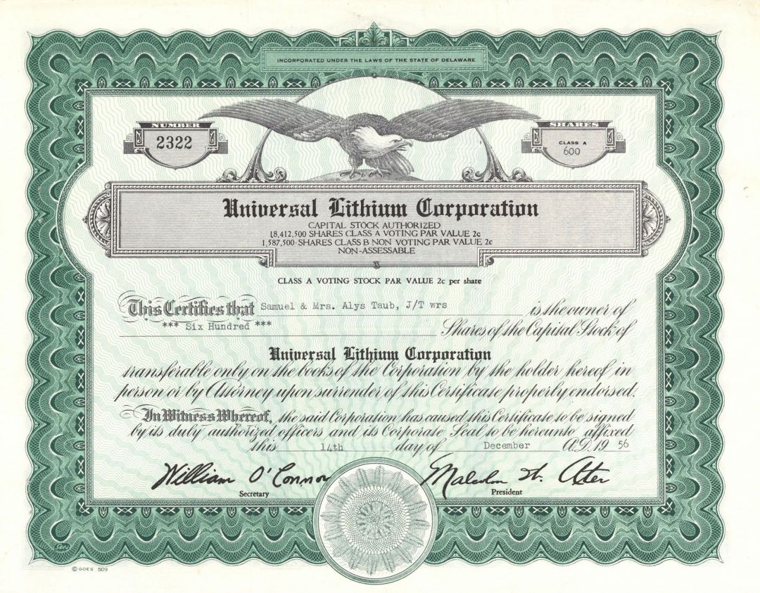 Universal Lithium Corp. - Stock Certificate