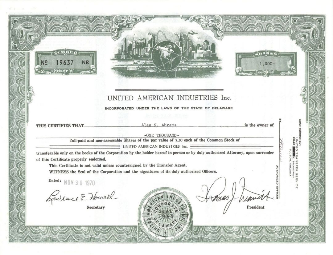 United American Industries Inc. - Stock Certificate
