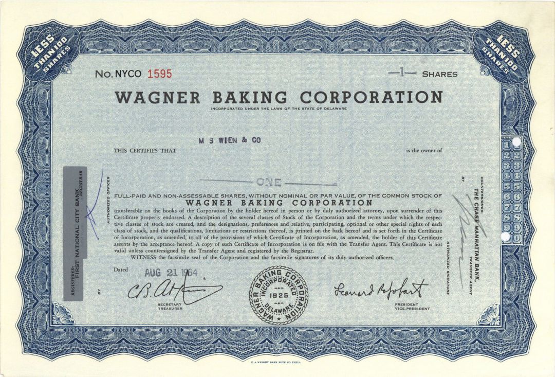Wagner Baking Corp. - 1964-1966 Stock Certificate