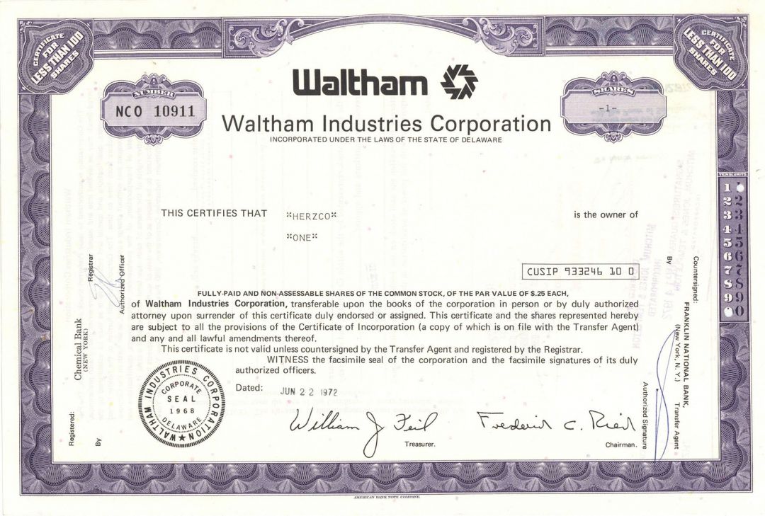 Waltham Industries Corp. - Stock Certificate