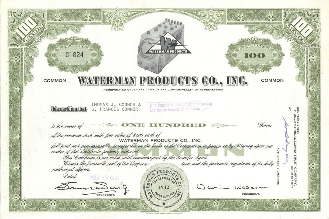Waterman Products Co., Inc. - Stock Certificate