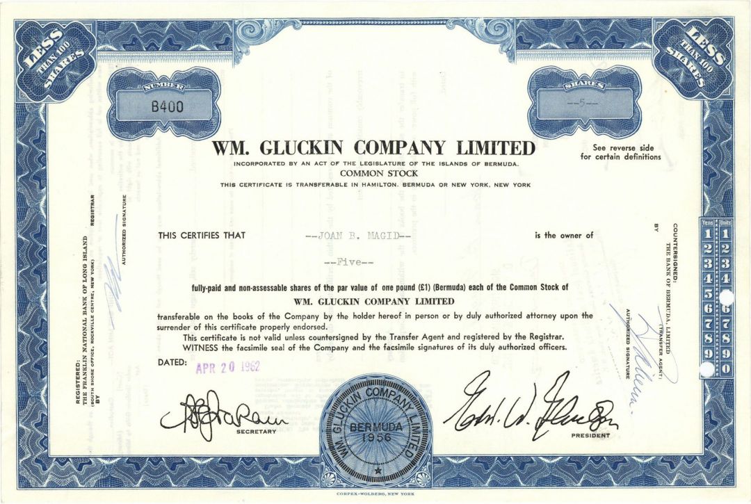 William Gluckin Company Limited - Stock Certificate