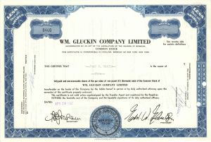 William Gluckin Company Limited - Stock Certificate