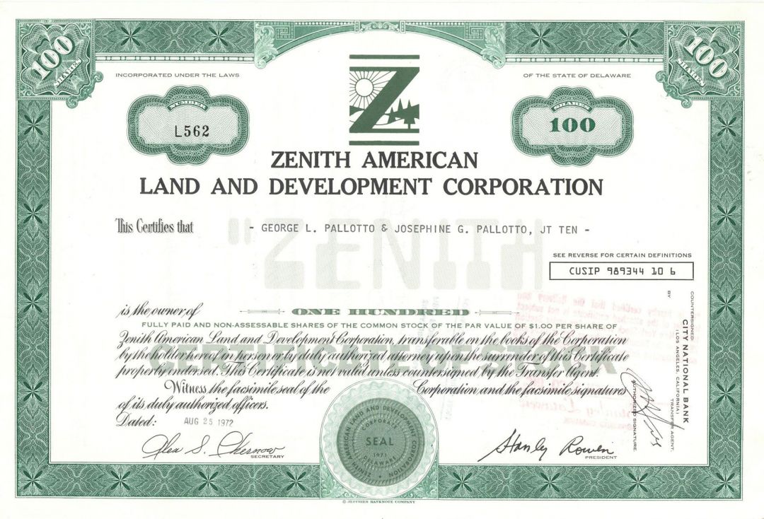 Zenith American Land and Development Corp. - Stock Certificate