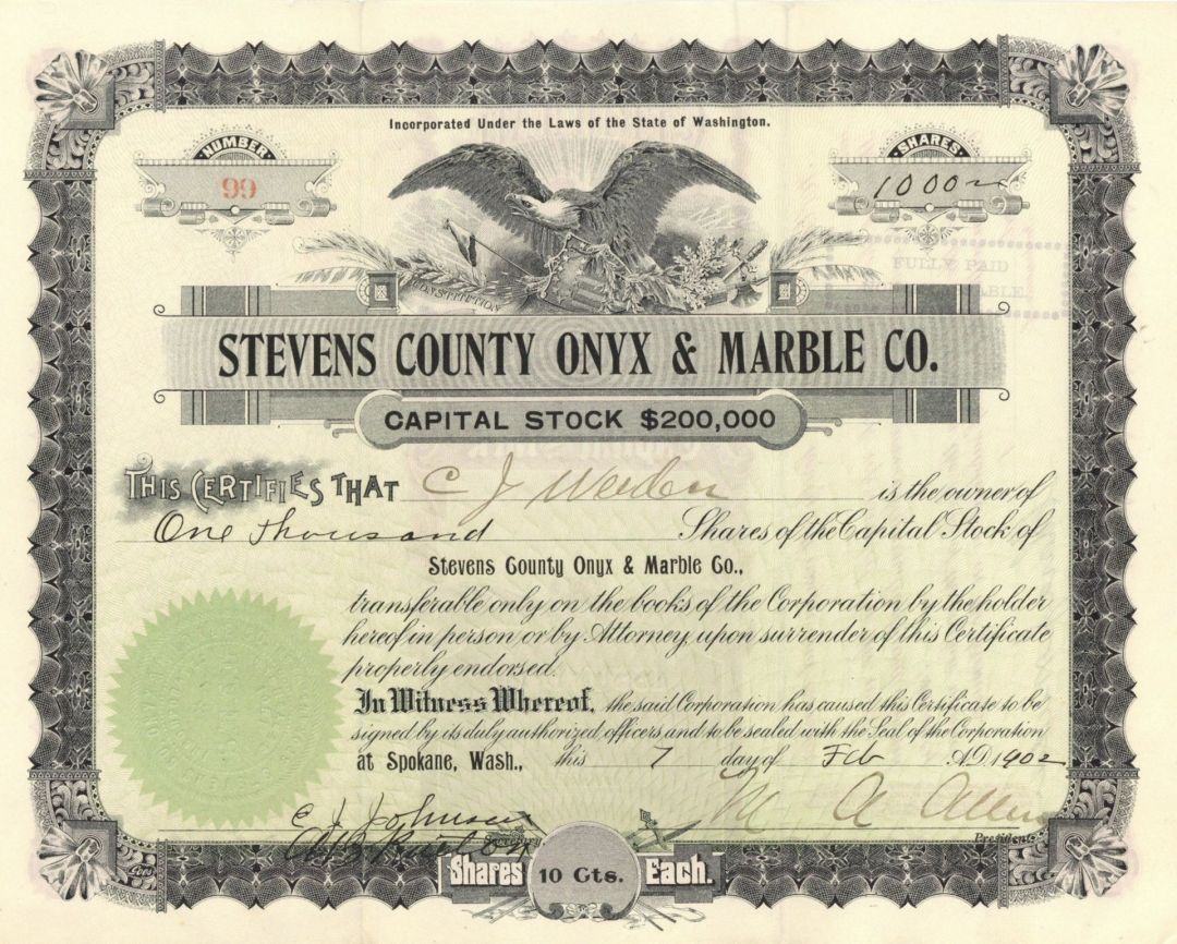 Stevens County Onyx and Marble Co. - Stock Certificate