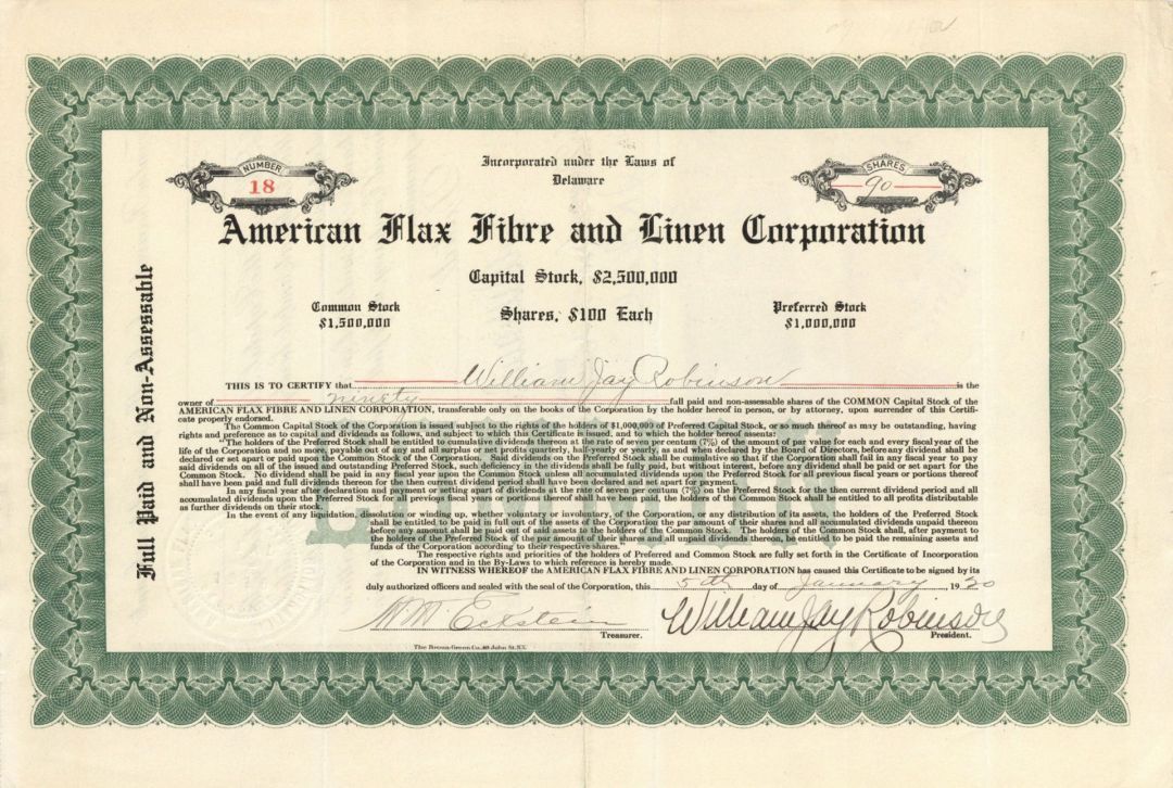 American Flax Fibre and Linen Corp. - Stock Certificate
