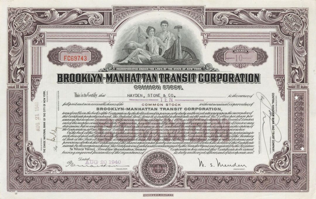 Brooklyn-Manhattan Transit Corp. - 1940 dated New York Railroad Stock Certificate