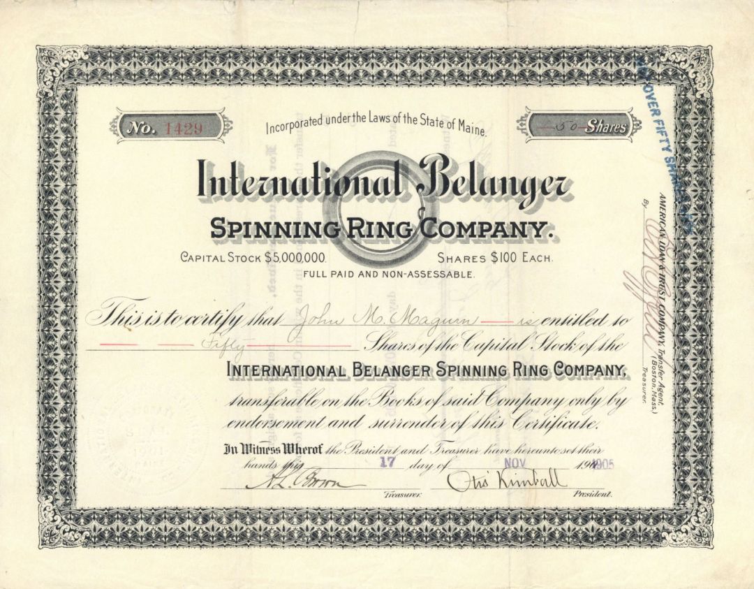 International Belanger Spinning Ring Co. - Stock Certificate