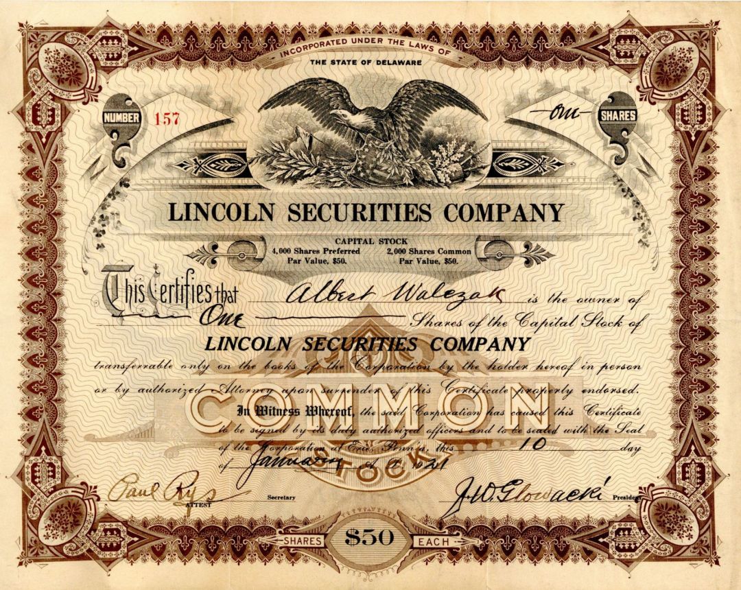 Lincoln Securities Co. - Stock Certificate