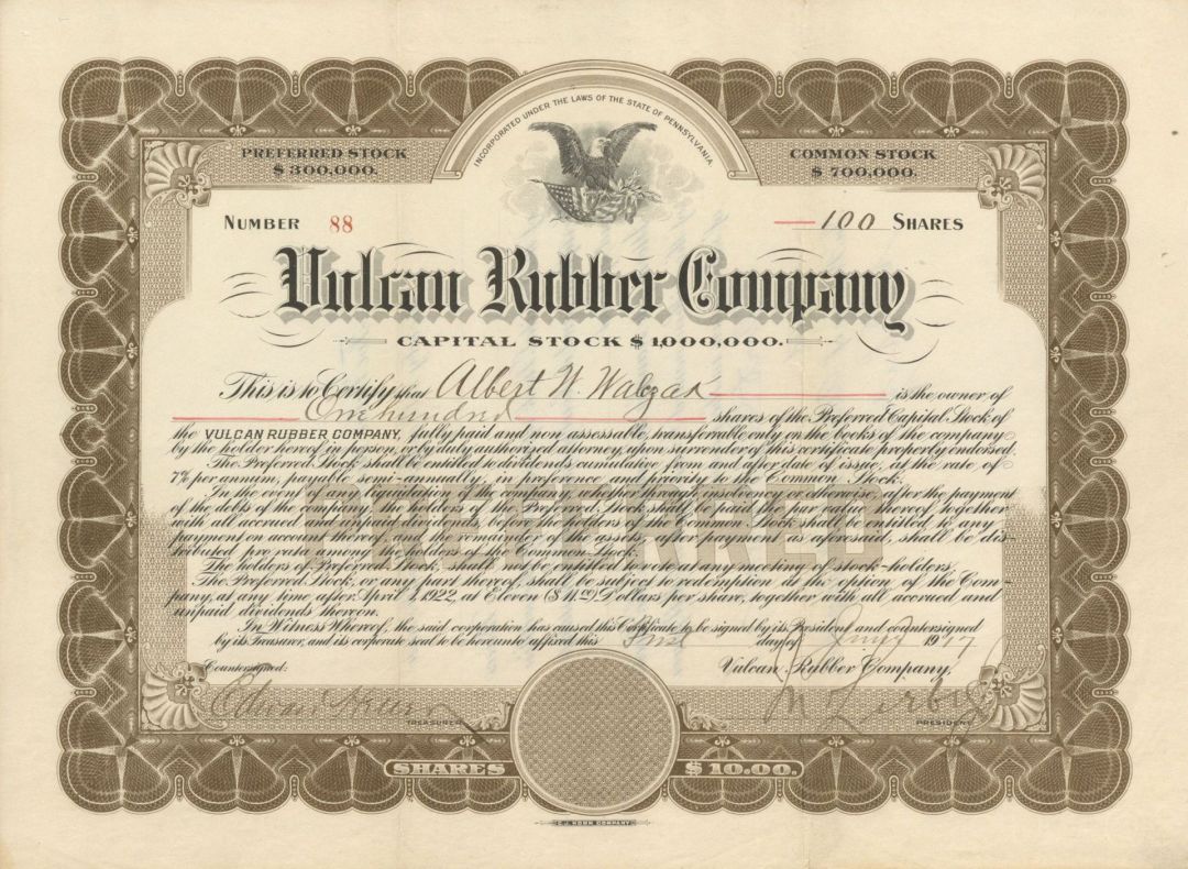 Vulcan Rubber Co. - Stock Certificate