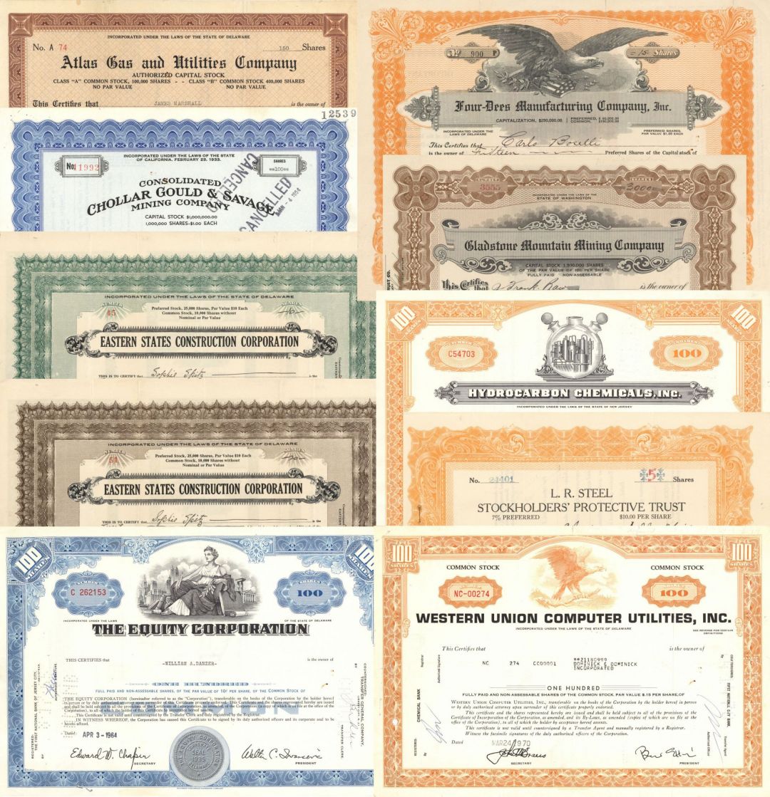 Mixed Group of 10 Different Stocks - Stock Certificate