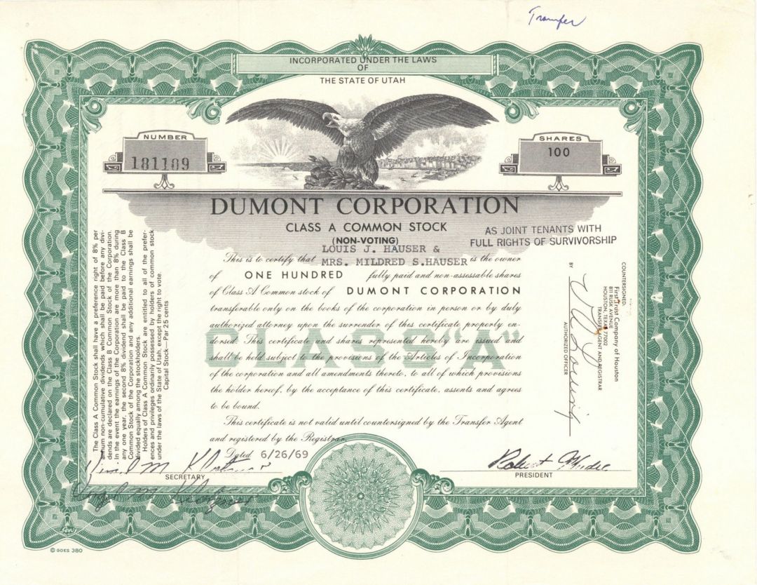 Dumont Corp. - Stock Certificate