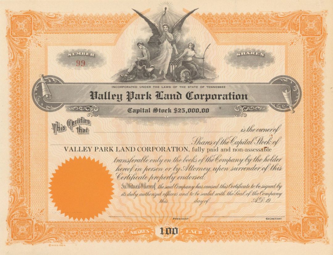 Valley Park Land Corp. - Stock Certificate