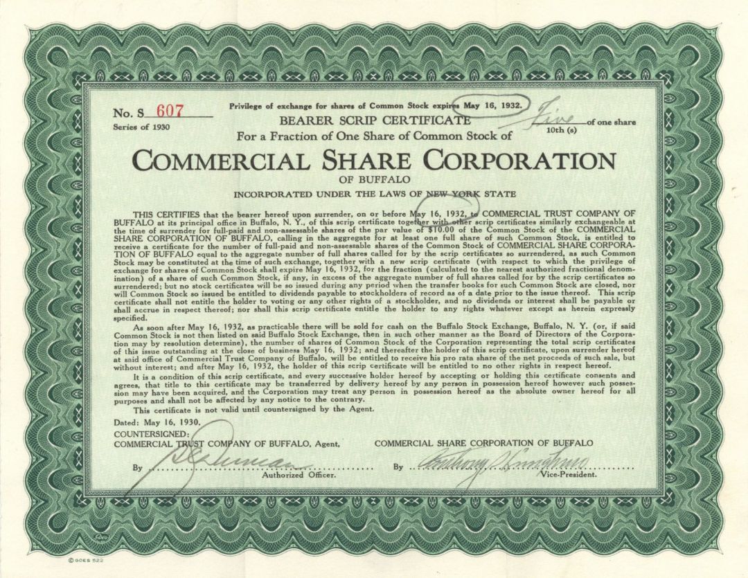 Commercial Share Corp. - 1930 dated Stock Certificate