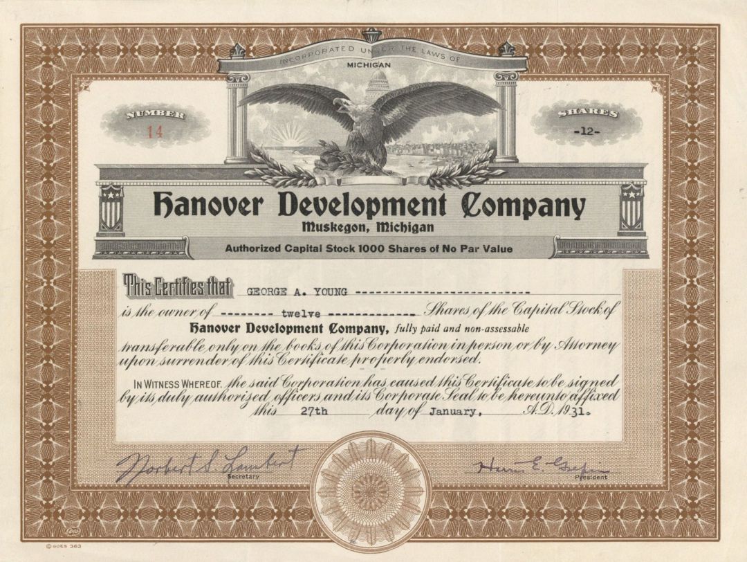 Hanover Development Co. - Stock Certificate