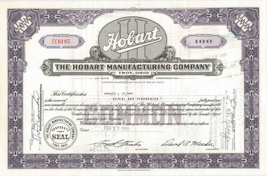 Hobart Manufacturing Co. - Stock Certificate