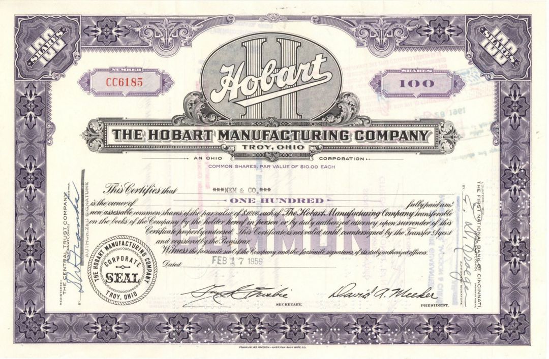 Hobart Manufacturing Co. - Stock Certificate