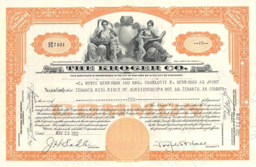 Kroger Co. - 1952-1959 dated Supermarkets and Multi-Department Stores Stock Certificate