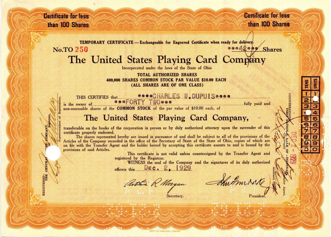 United States Playing Card Co. - 1929 dated Stock Certificate